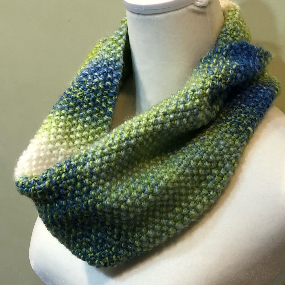 Hand crafted twist cowl knit in seed stitch